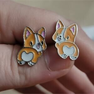Cute corgi butt post earrings, orange & white enamel